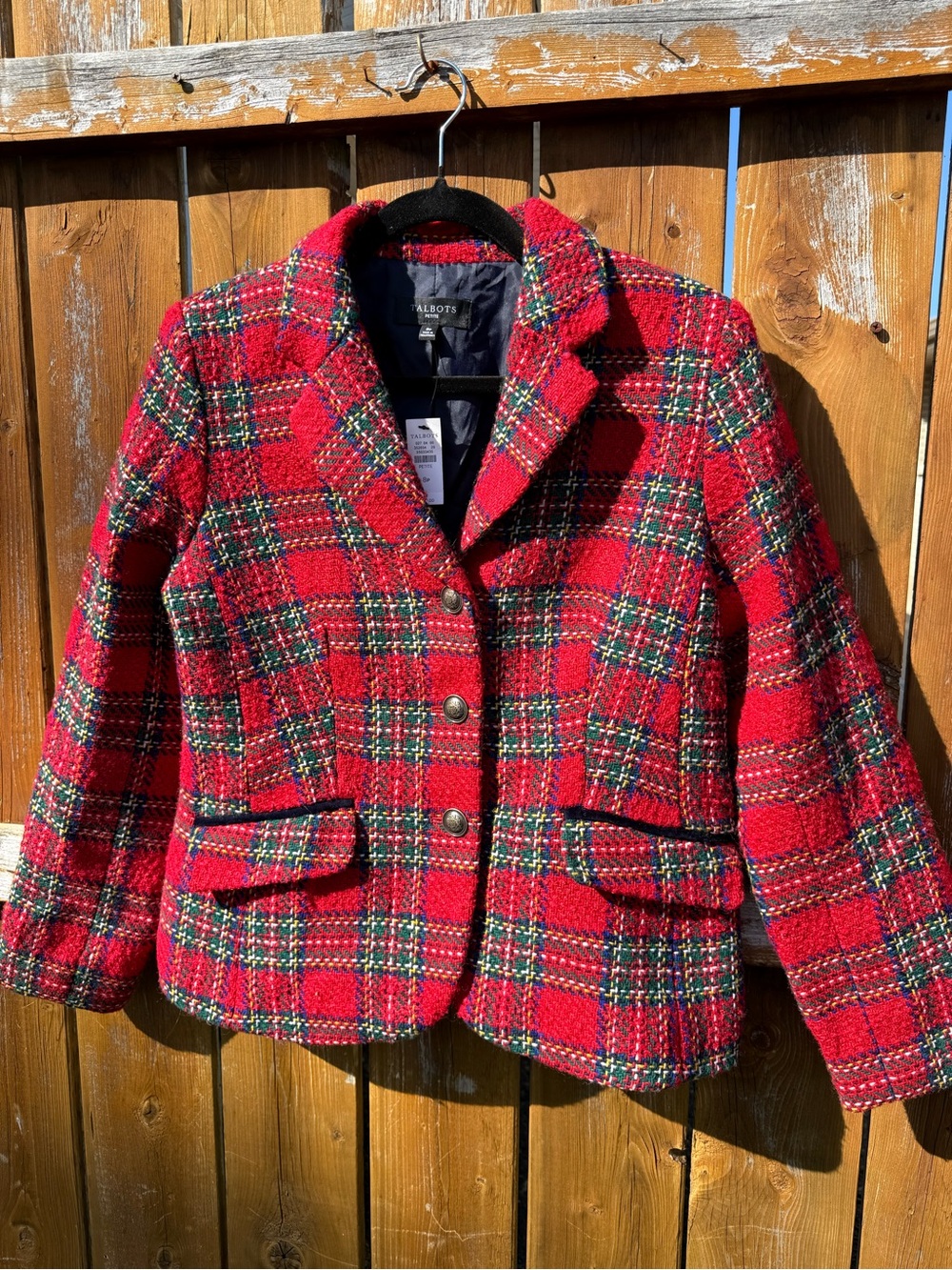 Talbots Red Plaid Tweed Blazer with Green Accents